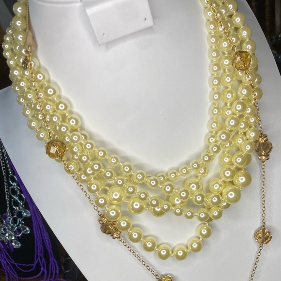 J. Crew Multi-strand Off White Faux Pearl Necklace bundle Brown Faceted Beaded - Picture 5 of 17